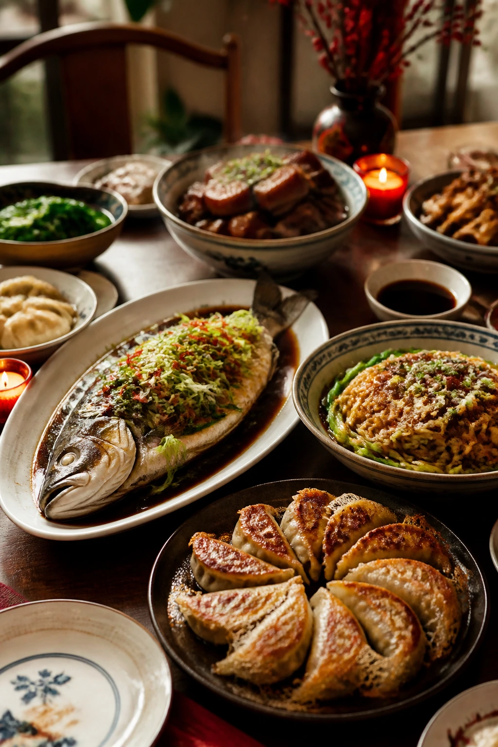 Close-up of a Lunar New Year table with fish, dumplings, and noodles on a warm wood table
