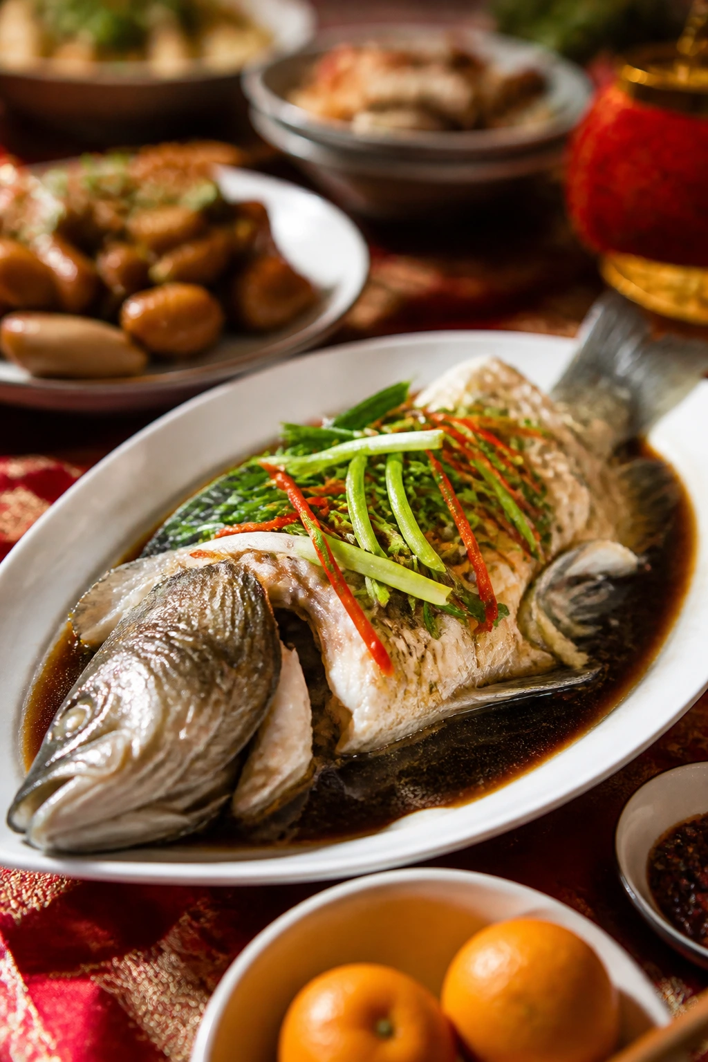 Glossy Lunar New Year fish dish on a festive table