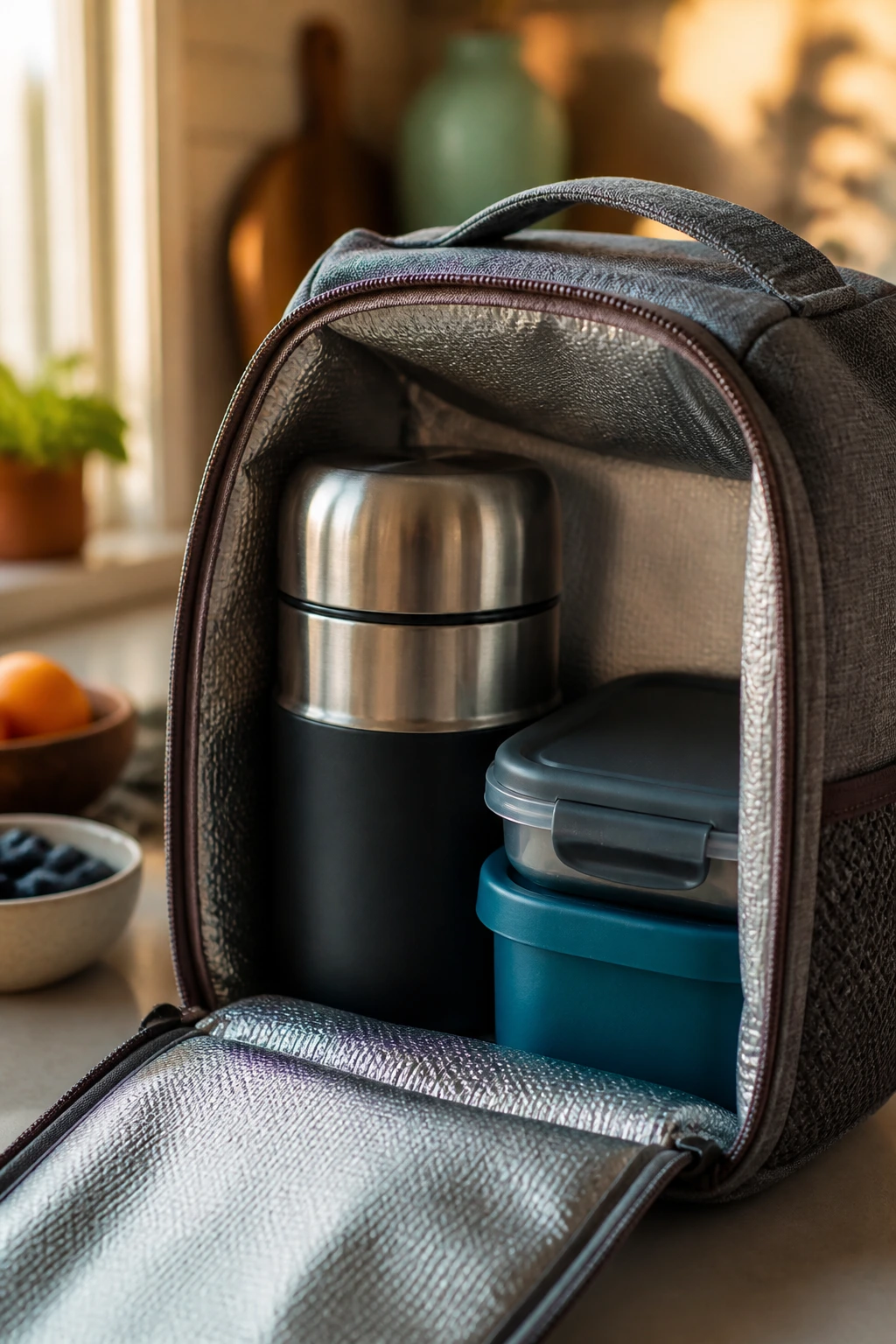 Close-up of insulated lunch bag with thermos inside in a cozy kitchen