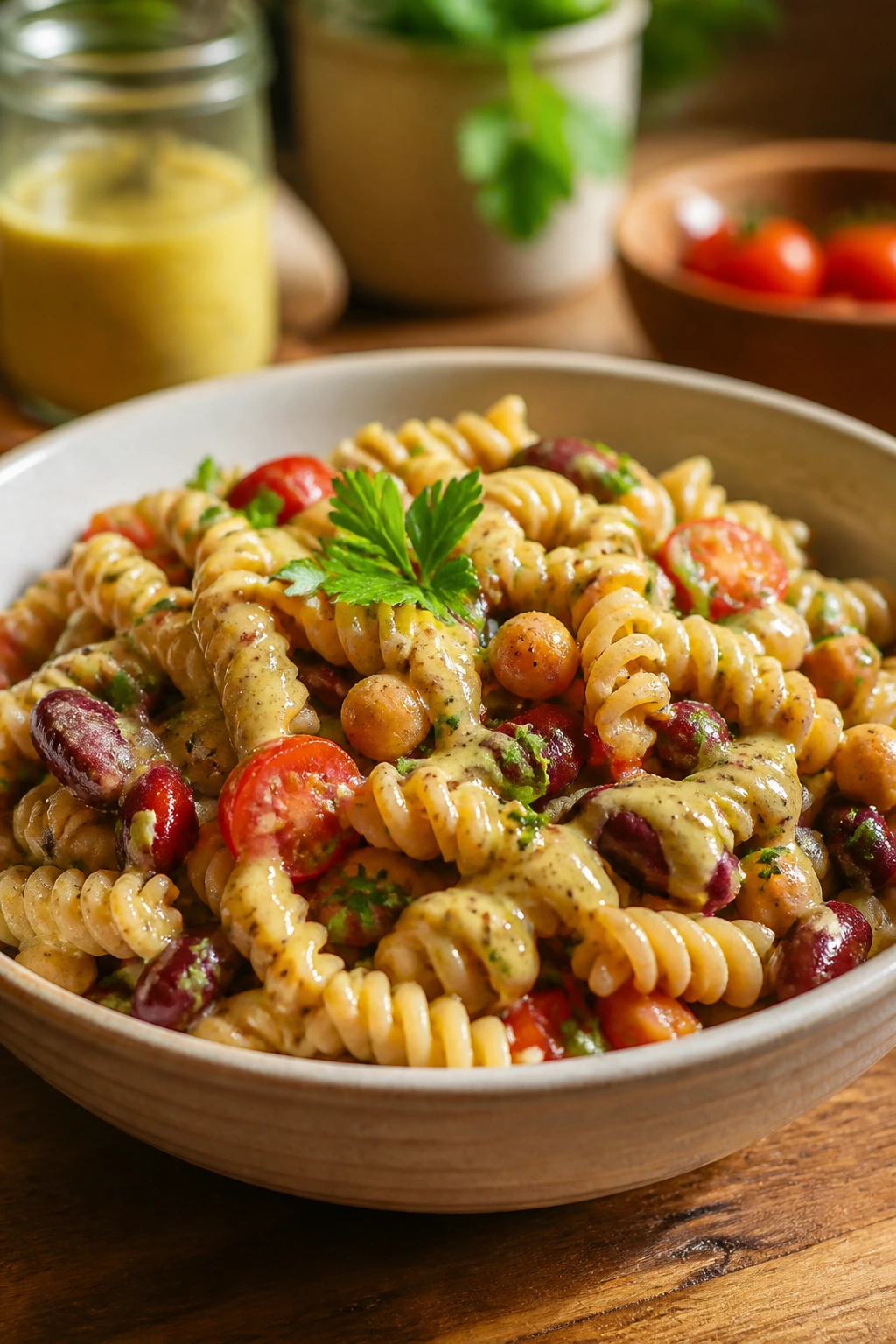 Close-up of a pantry-inspired lunch bowl on a kitchen counter