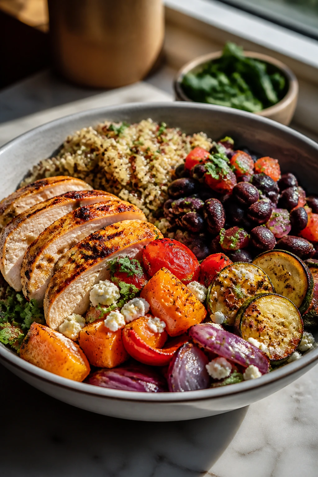 Close-up of a colorful lunch bowl with quinoa, chicken, beans and vegetables on a kitchen counter