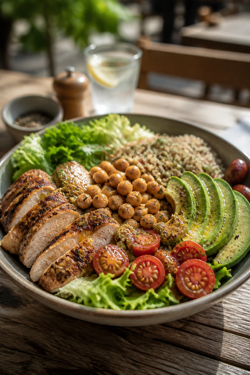 Colorful lunch bowl with grains, chicken, chickpeas, avocado and greens