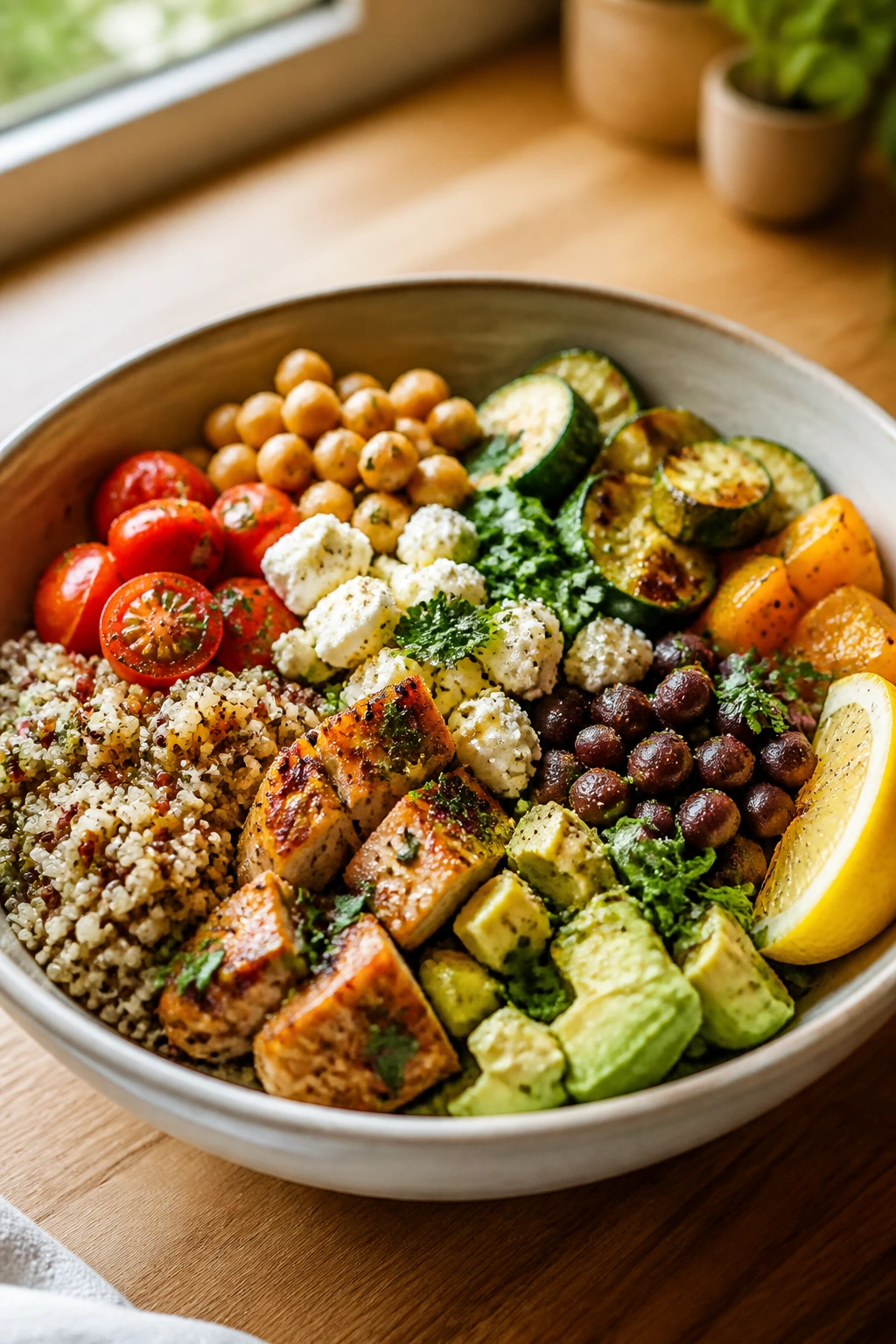 Close-up of a colorful lunch bowl with grains, beans and vegetables on a kitchen counter