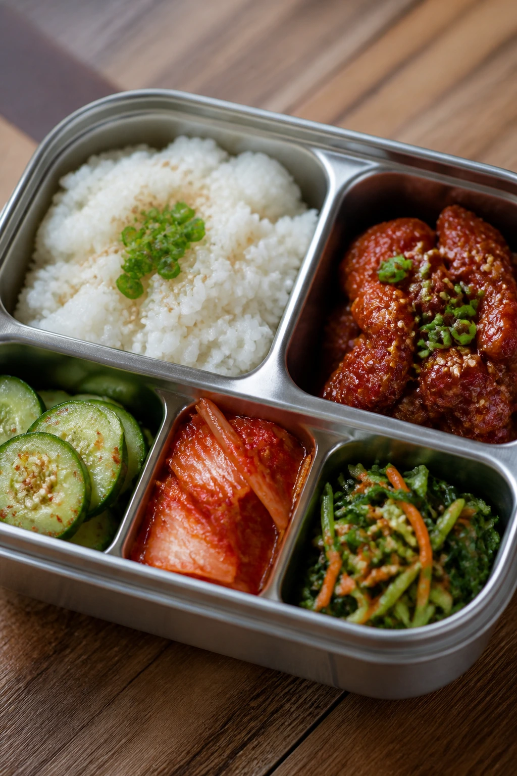 Compartmented lunch box neatly arranged with rice, protein, and vegetables