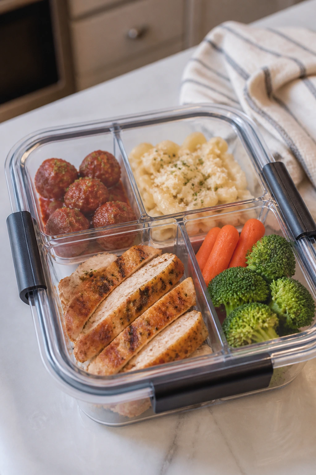 Lunch container with compartments on counter