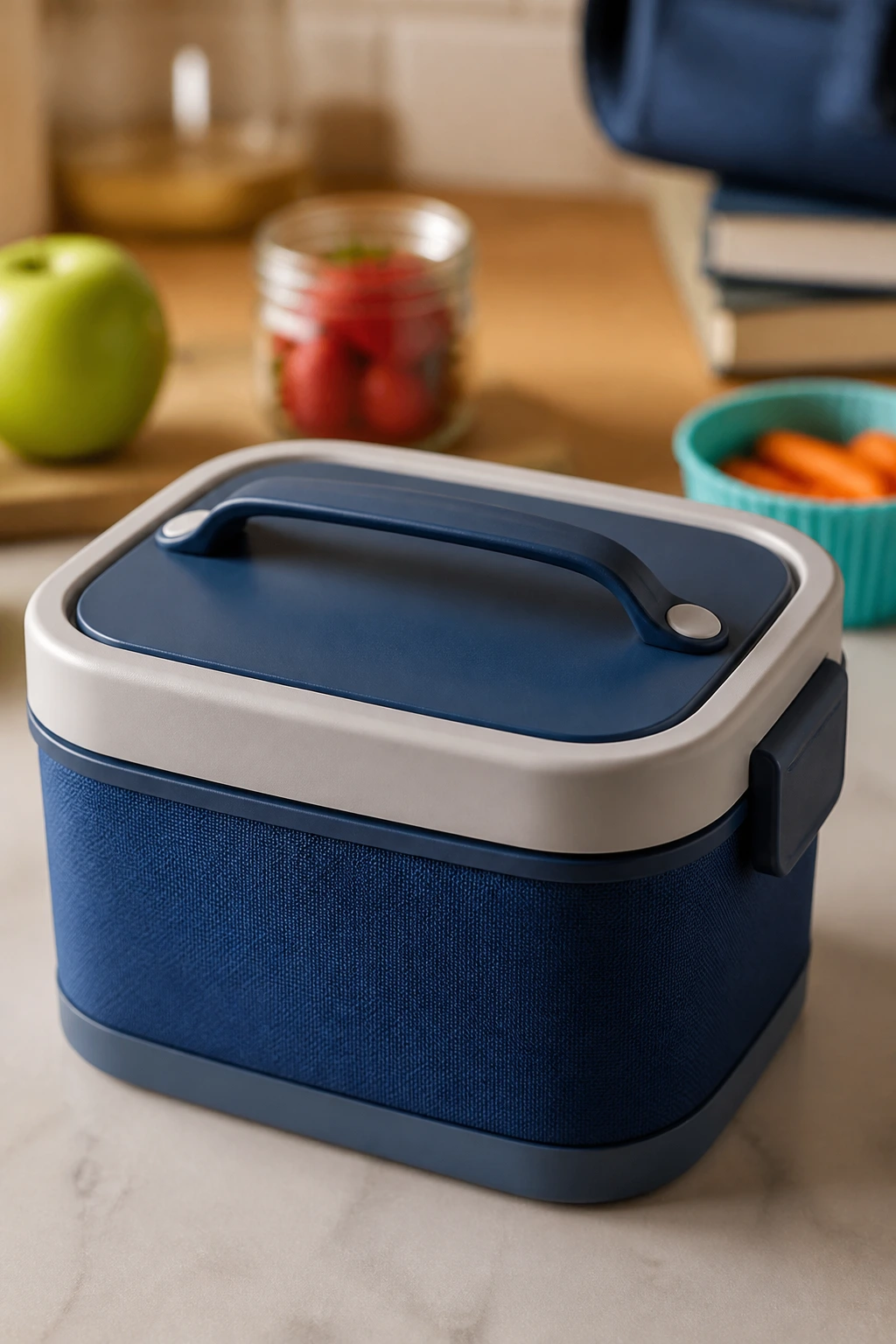 Close-up of a sealed insulated lunch container on a kitchen counter
