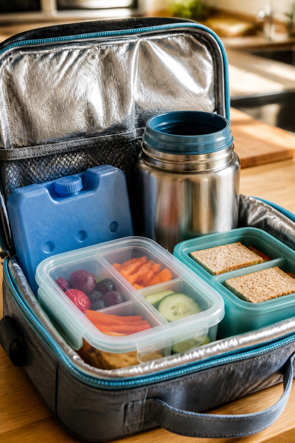Close-up of insulated lunch bag with containers and thermos for kids' lunches