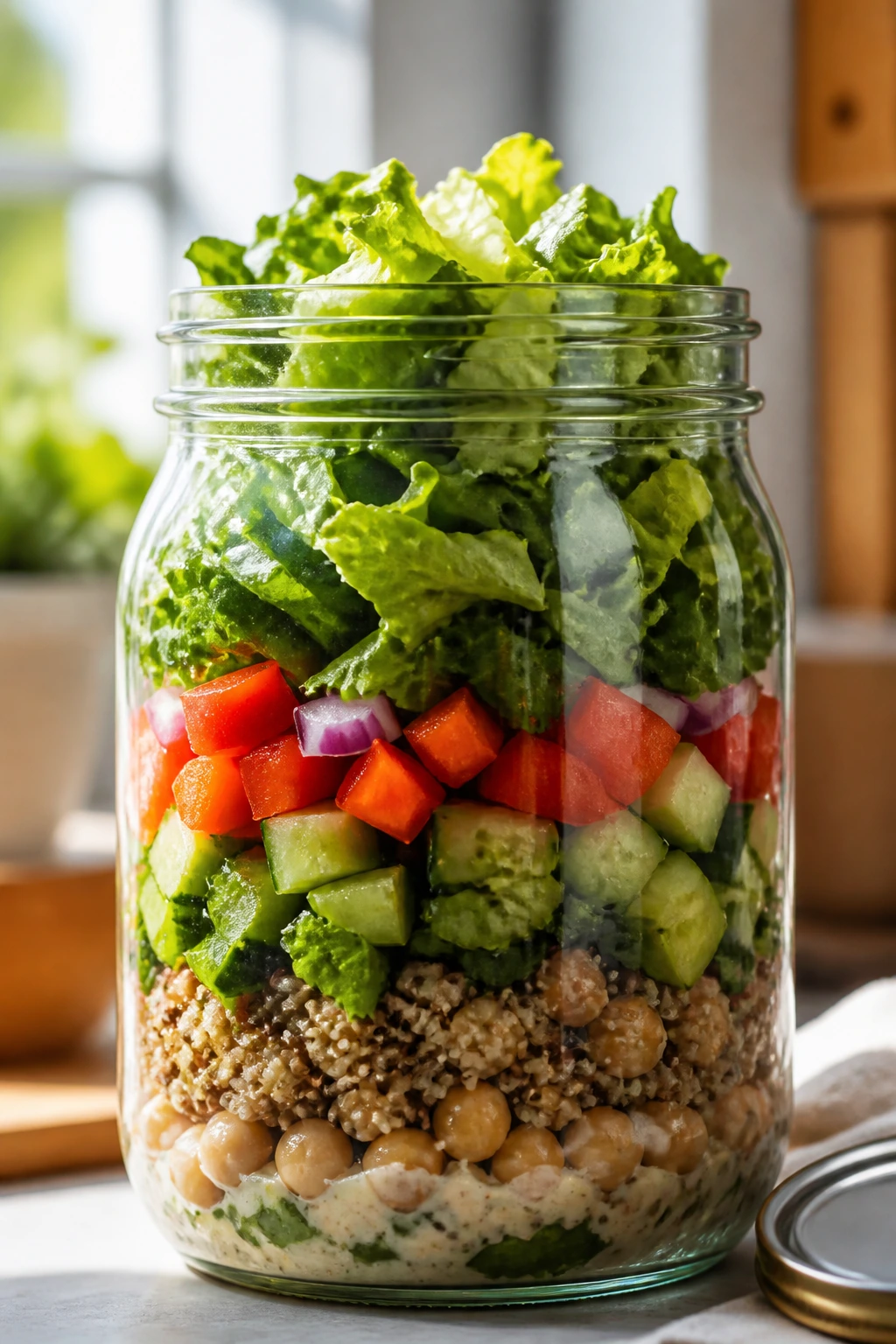 Layered lunch salad jar with romaine, grains and vegetables in a bright kitchen