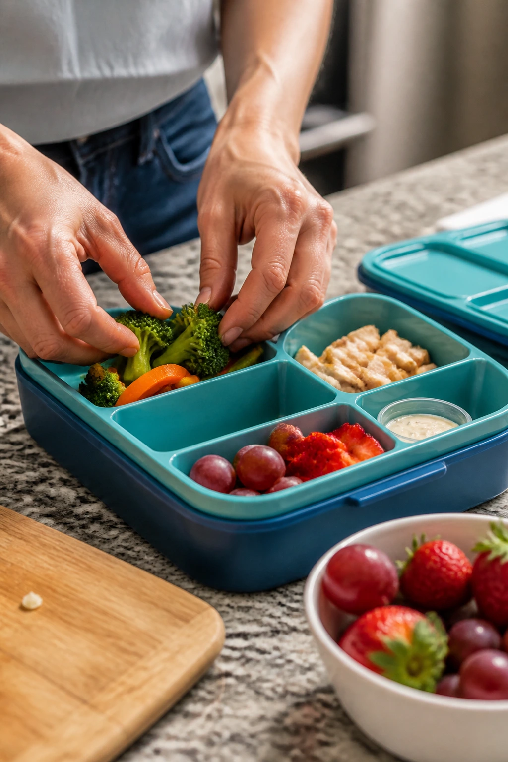 Hands packing a multi-compartment lunchbox with veggies and fruit