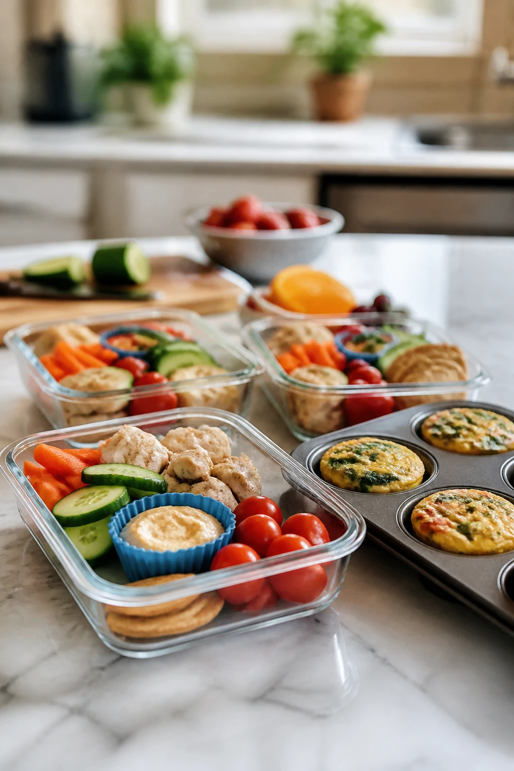 Close-up of neatly portioned lunch containers on a bright home kitchen counter.