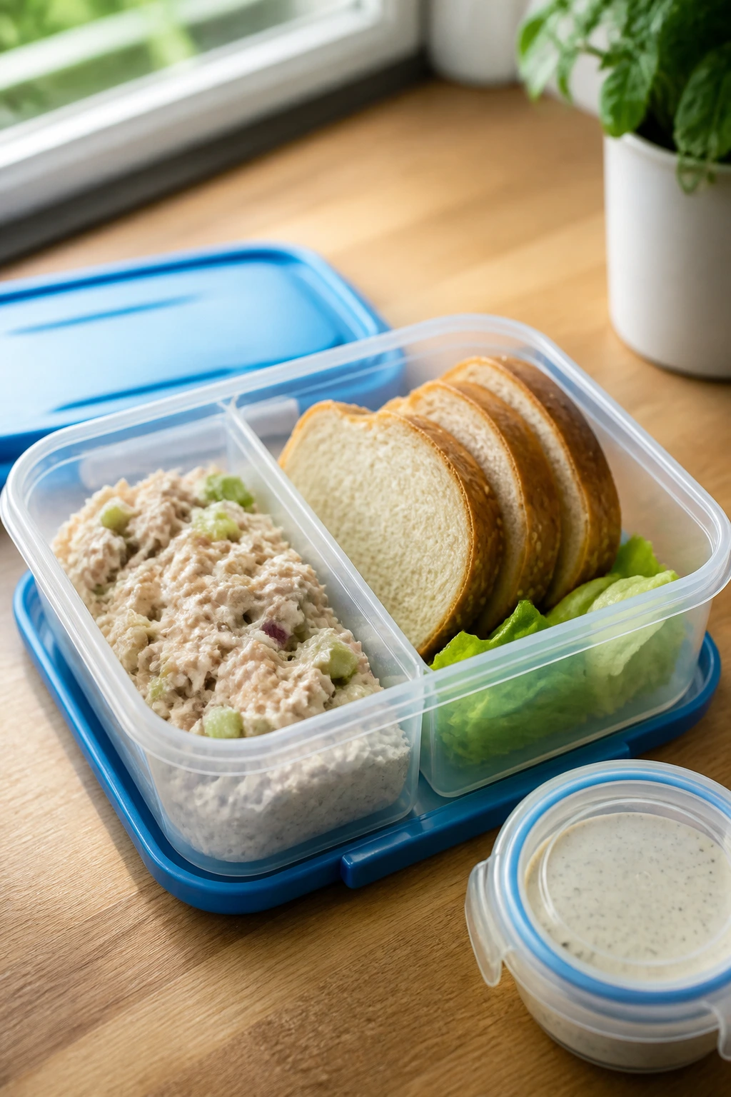 Lunch box with salad filling and bread for make-ahead prep