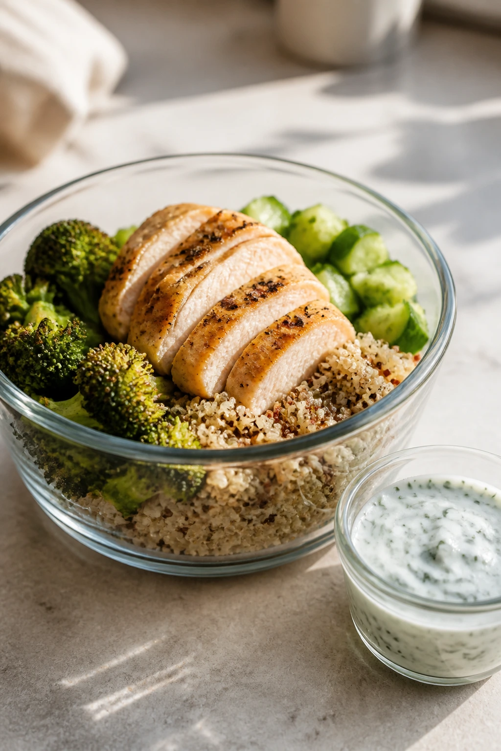 Chicken quinoa bowl with broccoli and cucumber with sauce cup