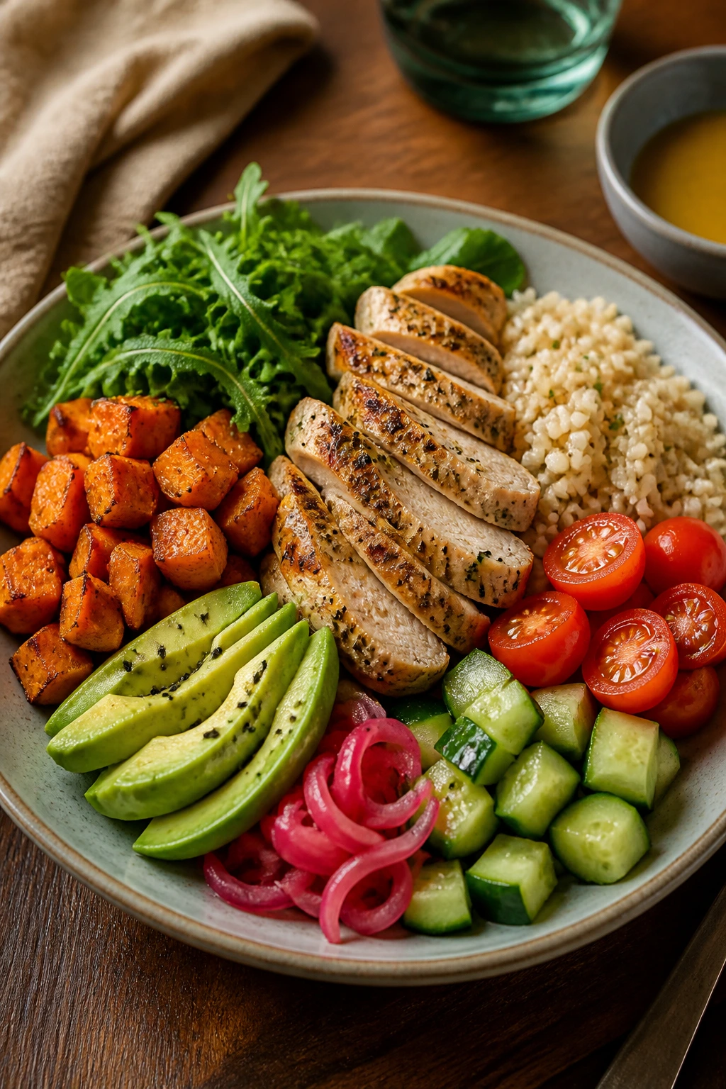 Plate with organized patches of greens, grains, protein, and vegetables