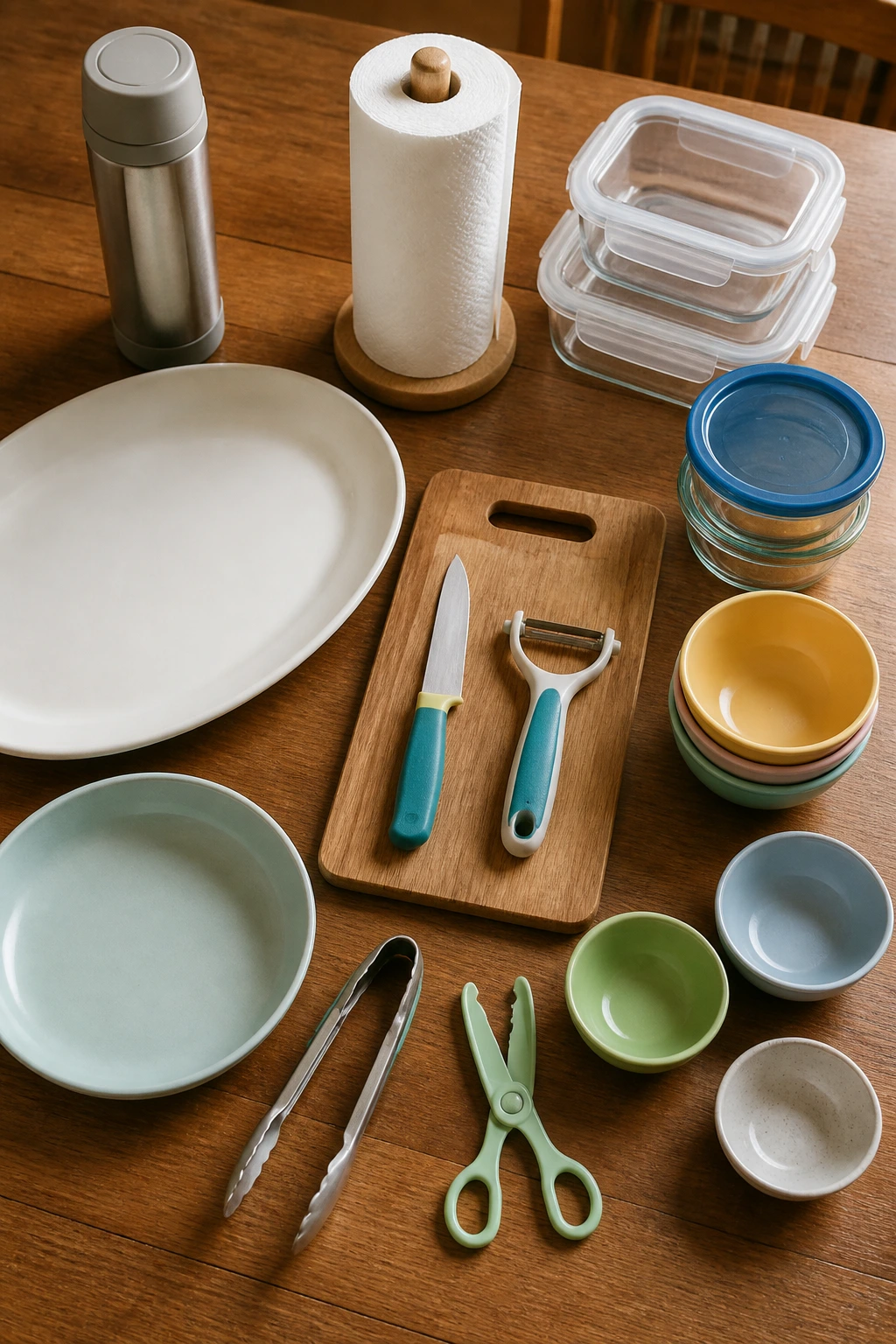 Top-down view of organized lunch tools for kids on a table