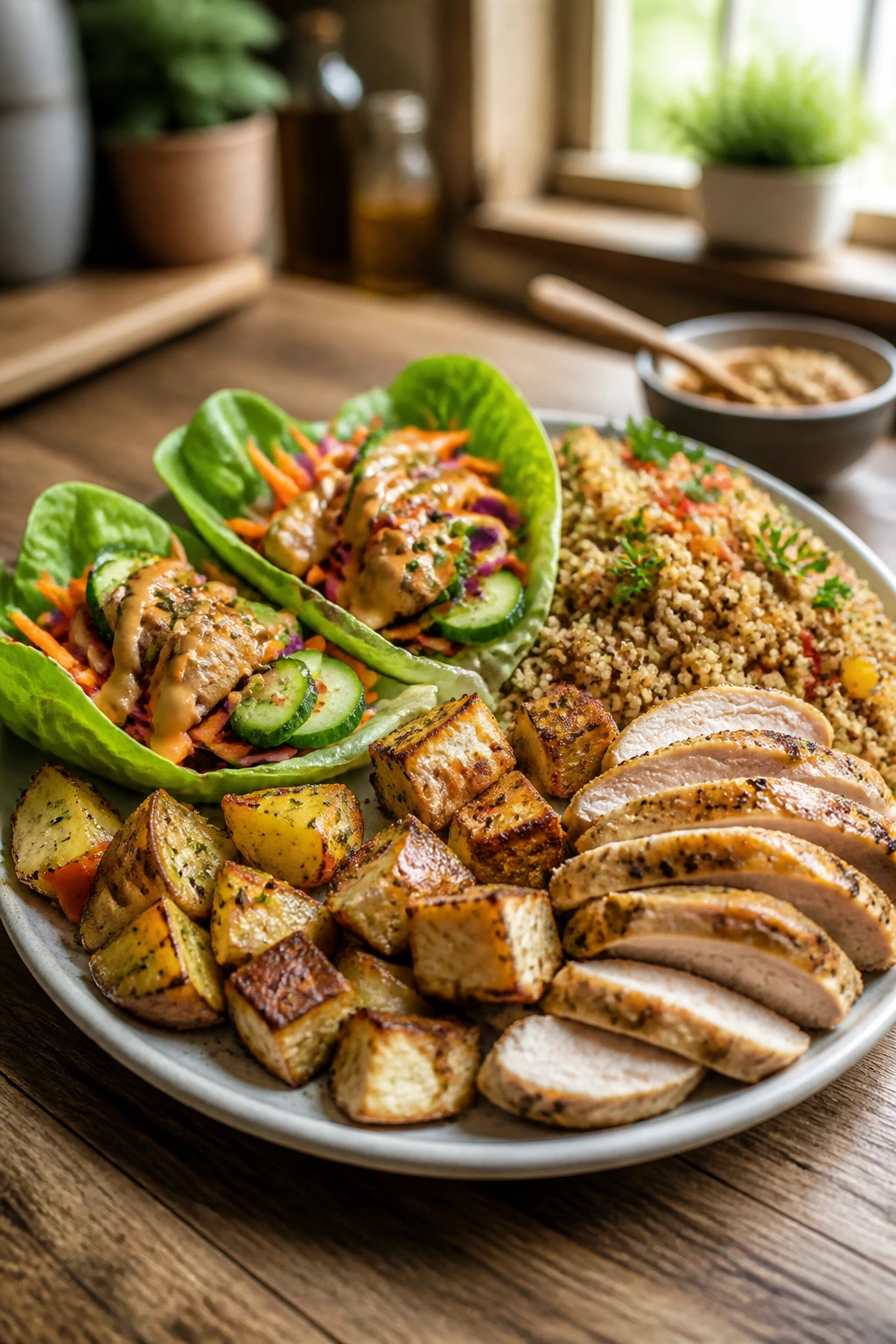 Close-up plate of a varied lunch sampler showing gluten-free, dairy-free, and high-protein adaptations