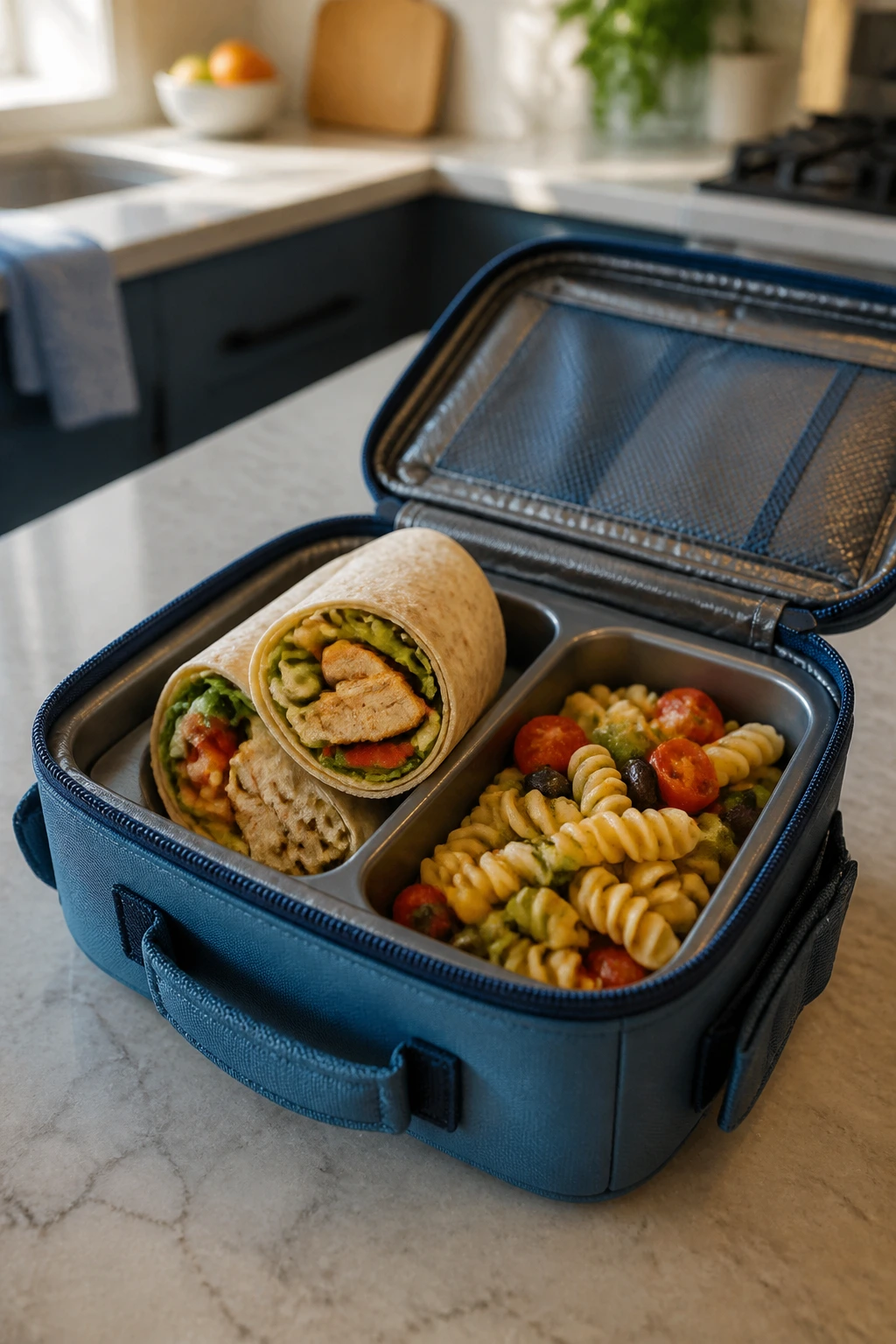 Open lunchbox with structured compartments for wraps and pasta