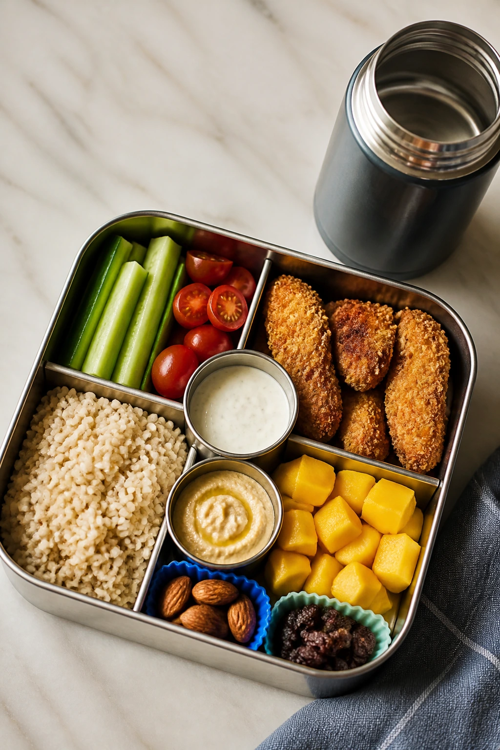 Top-down shot of a lunchbox with separated compartments illustrating cooking for lunchboxes.