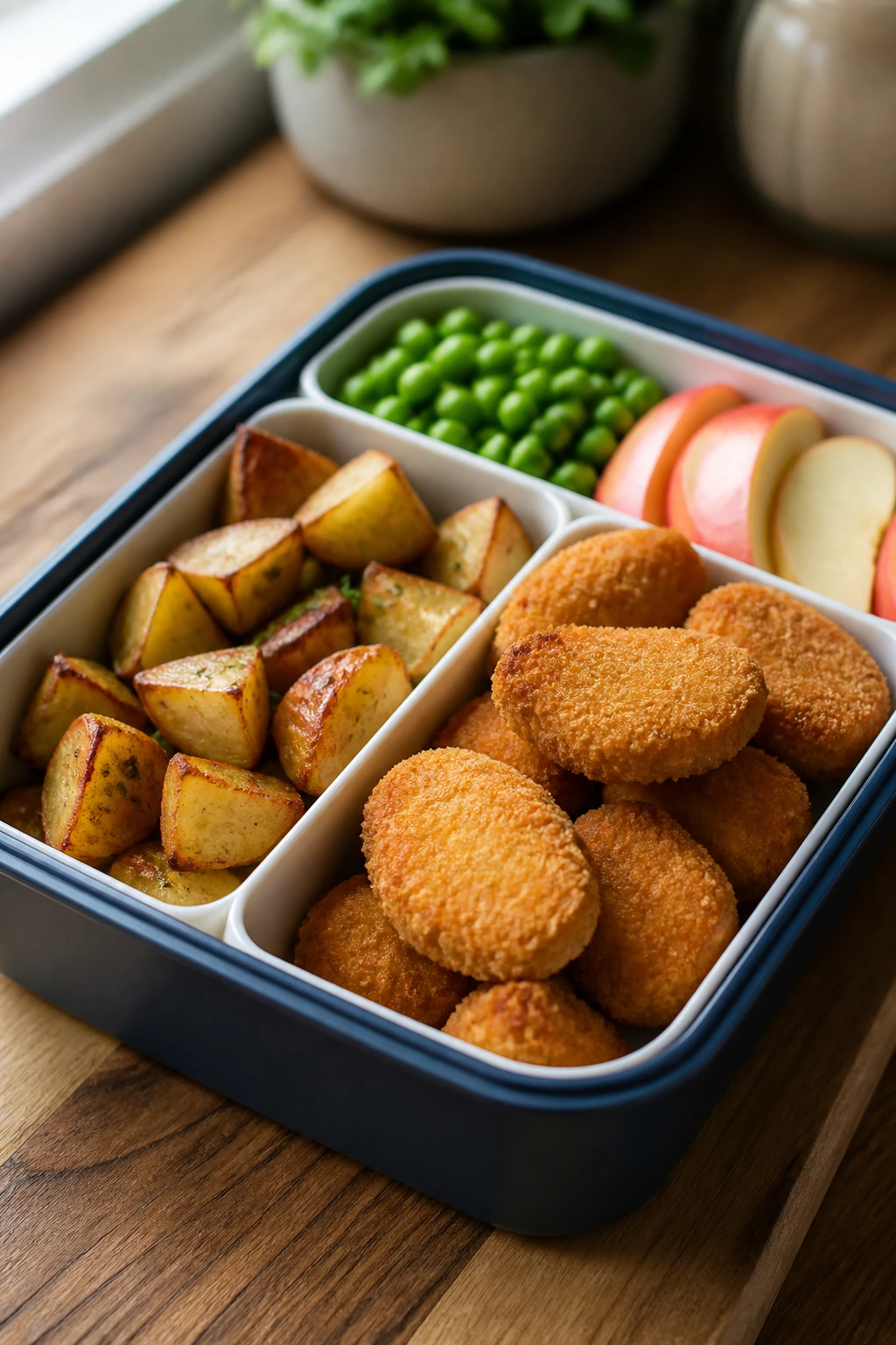 Close-up of crispy chicken nuggets and roasted potatoes in a divided lunchbox