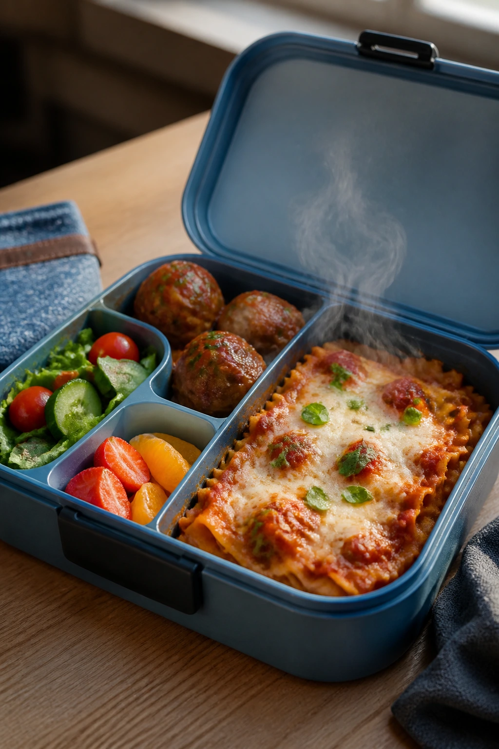 Open lunchbox packed with dinner-style contents ready for lunch, travel-friendly
