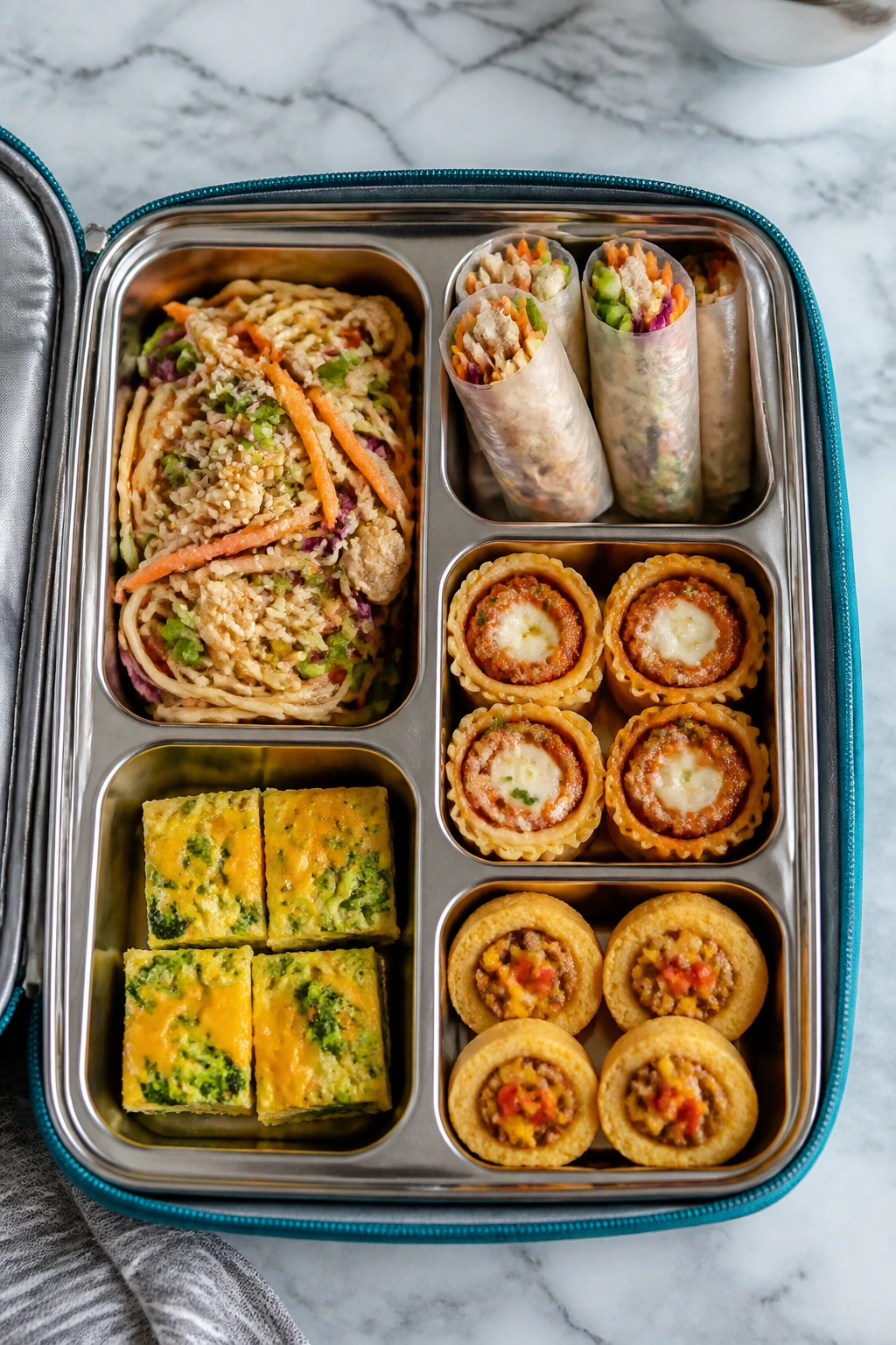 Top-down open lunchbox with neatly packed compartments of kid-friendly dinners