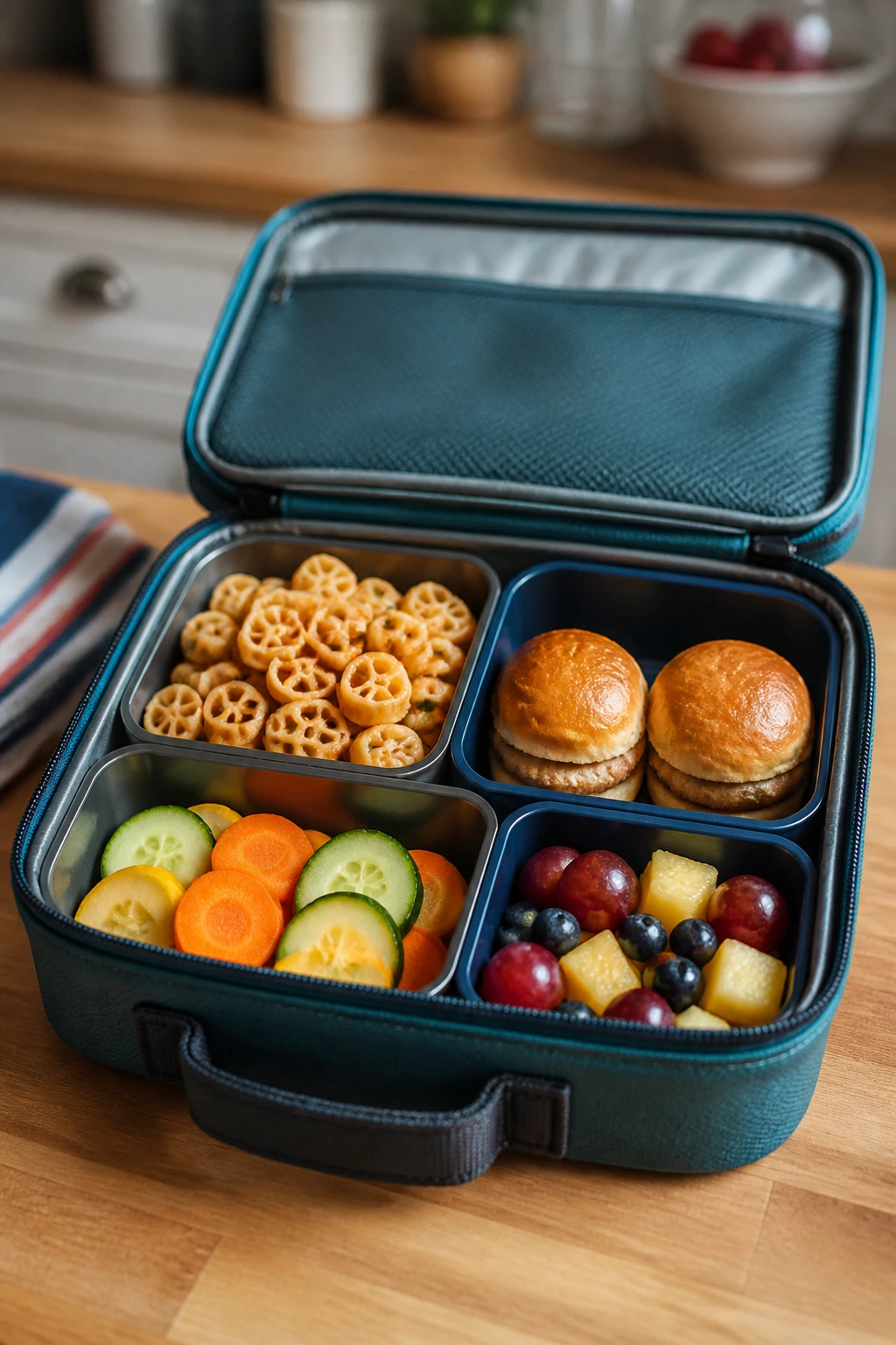 Open lunchbox with neatly packed kid-friendly dinners featuring pasta, sliders, and veggies