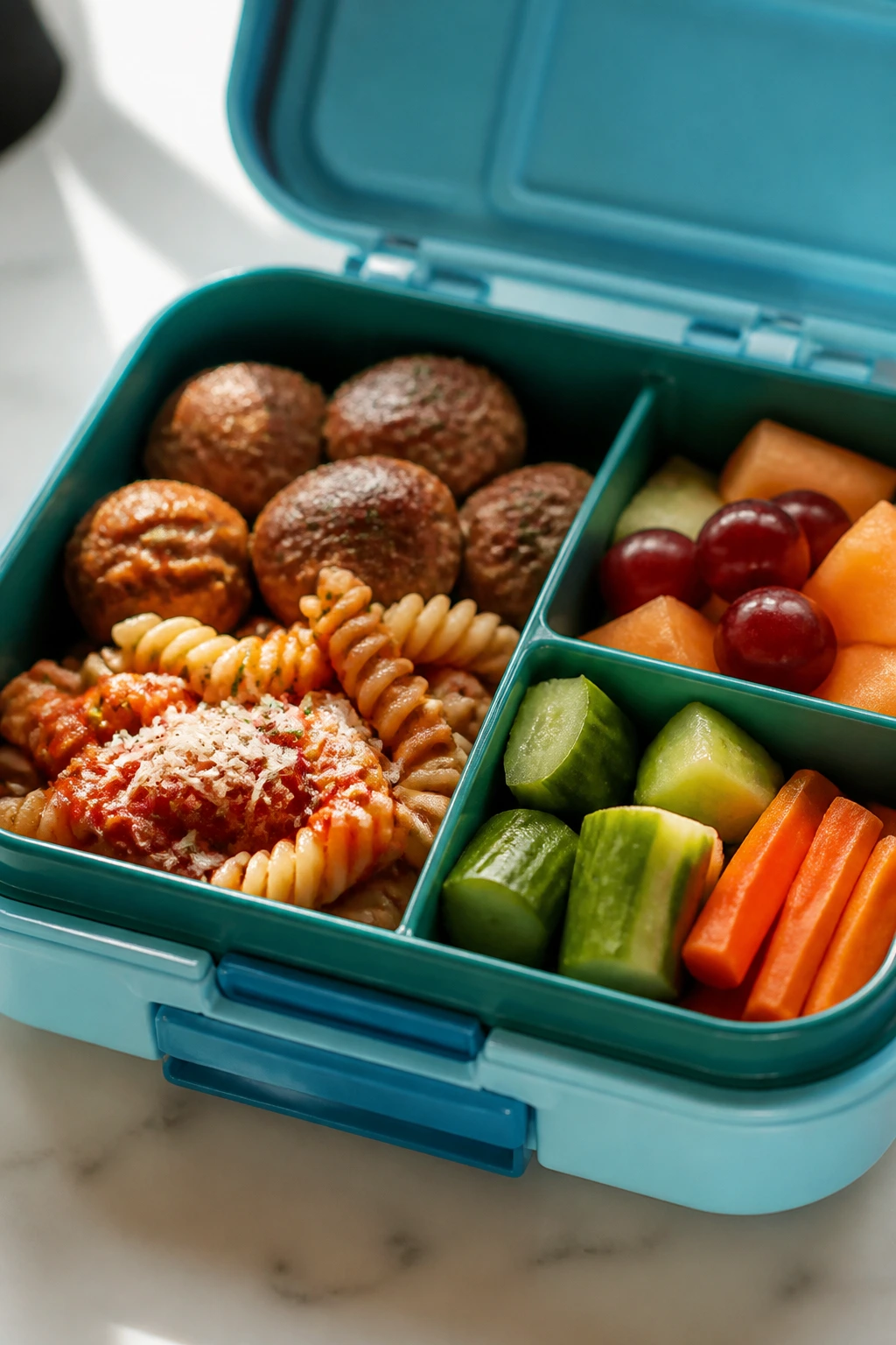 Close-up of a lunchbox with meals that stay cohesive after cooling