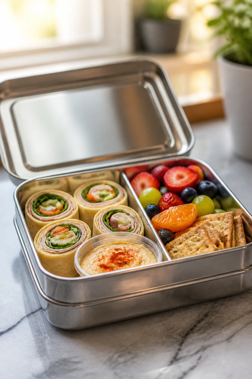 Open lunchbox showing tidy, kid-friendly dinner portions ready for lunch