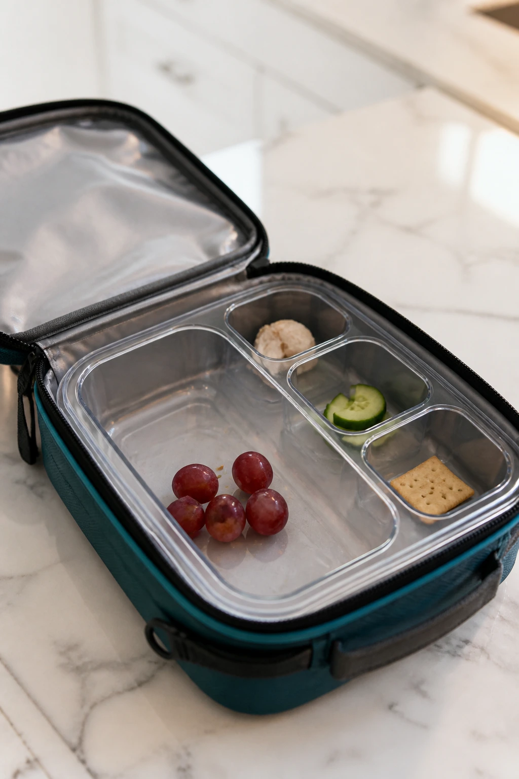 Open lunchbox with mostly empty compartments in a kitchen setting.