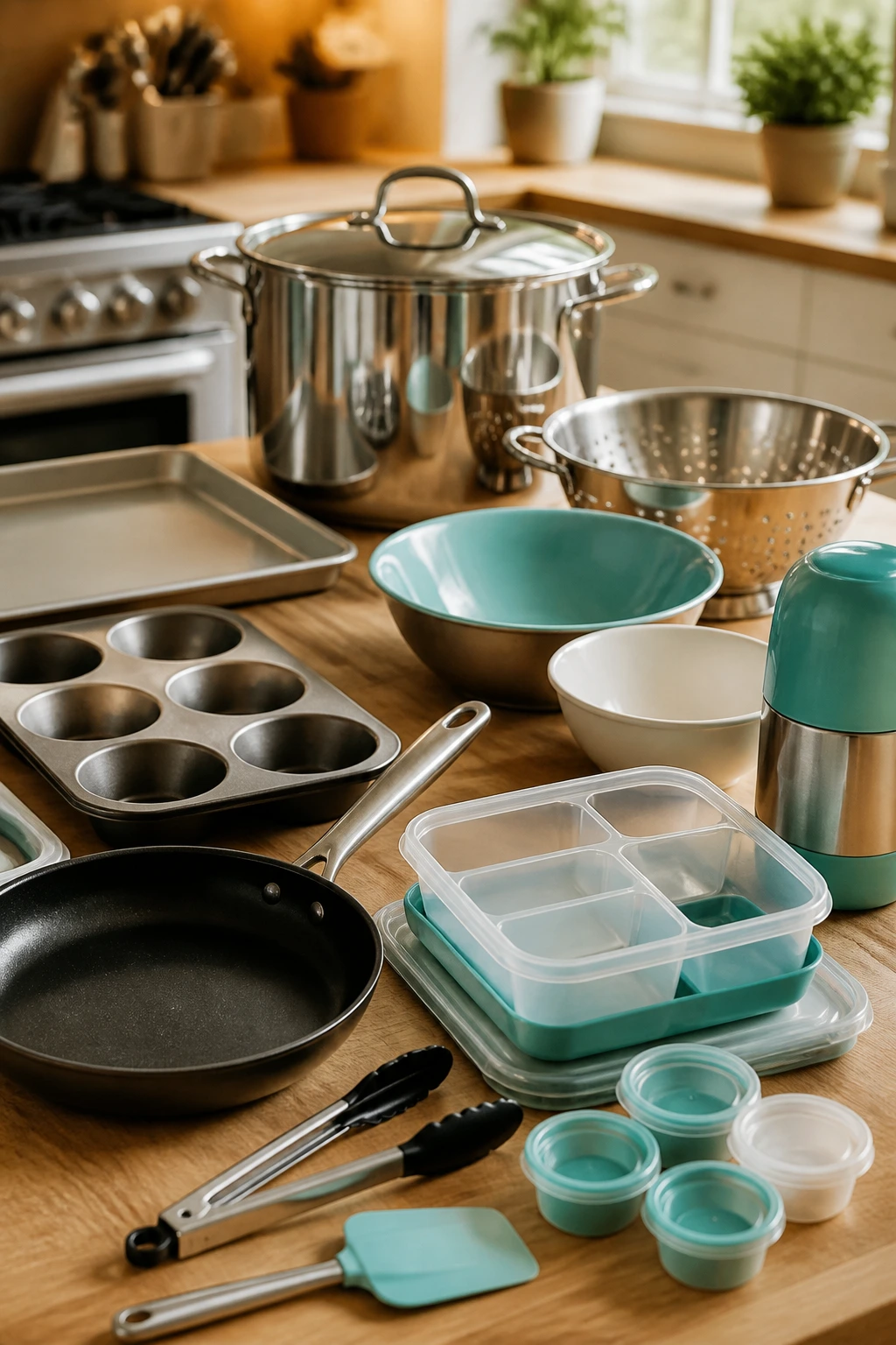 Close-up of essential lunchbox equipment arranged on a kitchen counter