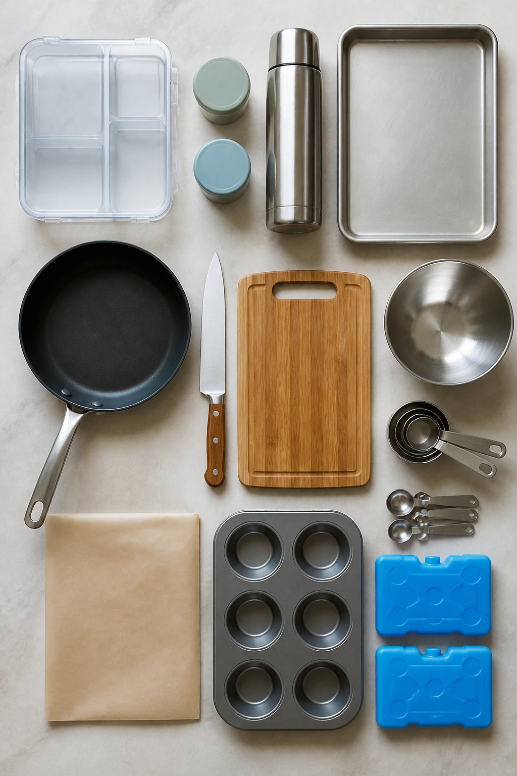 Overhead view of essential lunchbox tools laid out neatly on a counter