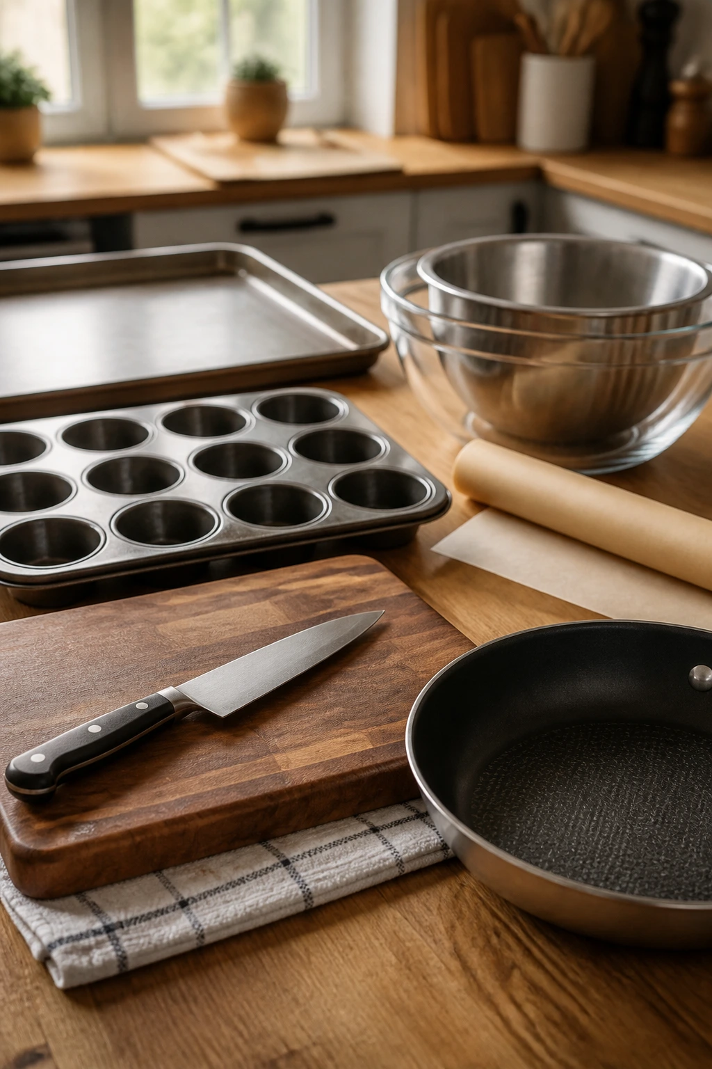 Close-up of lunchbox equipment arranged on a kitchen counter