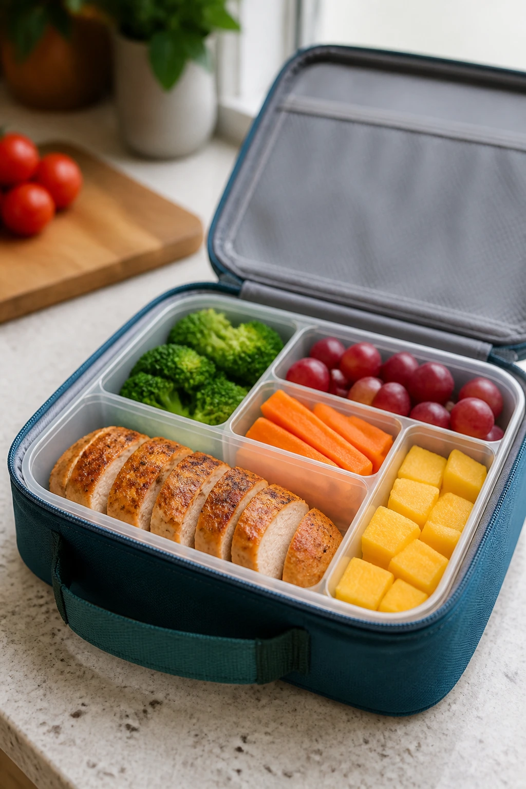 Lunchbox with neatly separated compartments showing organized foods