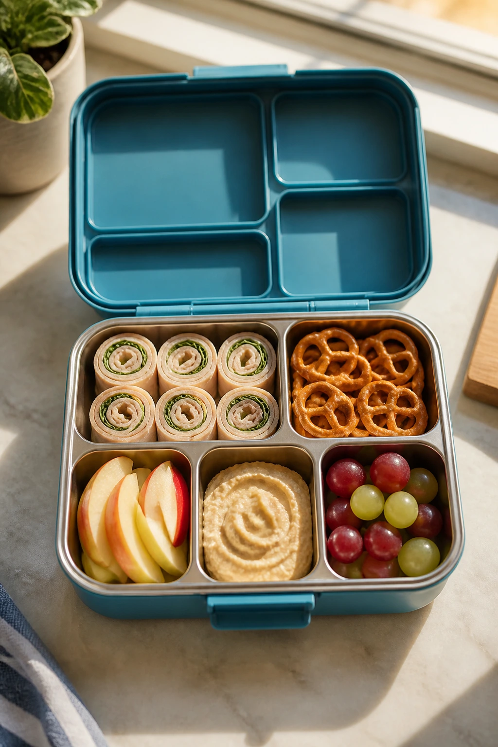 Open lunchbox with five compartments showing turkey roll-ups, pretzels, apple slices, hummus, and grapes