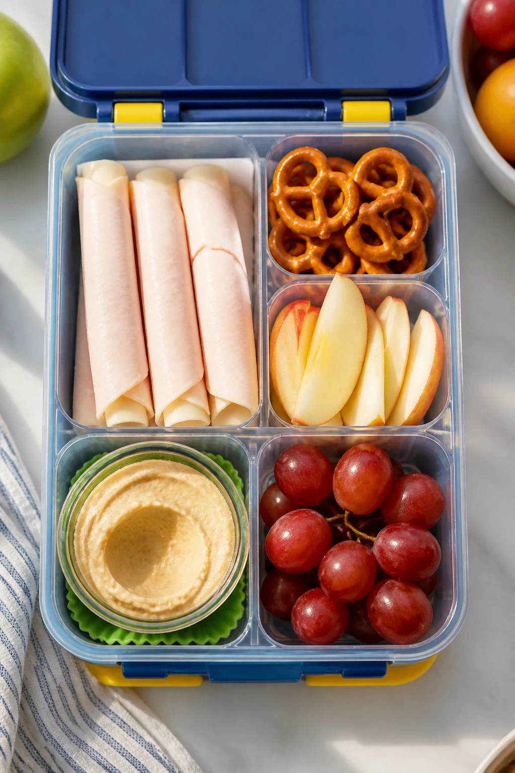 Open lunchbox showing five parts with turkey roll-ups, pretzels, apple slices, hummus, and grapes