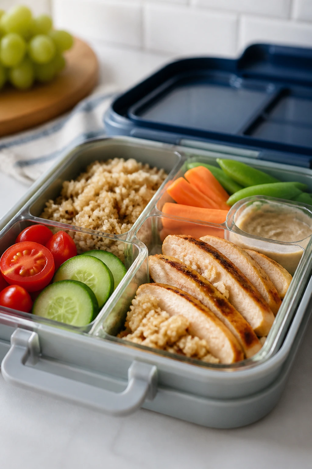 Lunchbox with fresh, crisp vegetables and grains organized in compartments