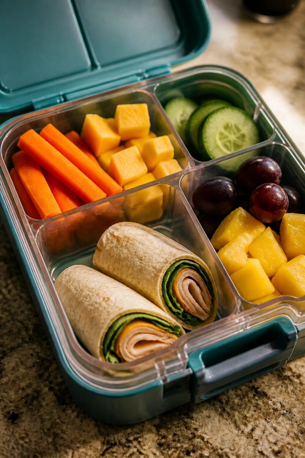 Close-up of an open lunchbox with divided compartments filled with colorful, shape-holding foods on a kitchen counter