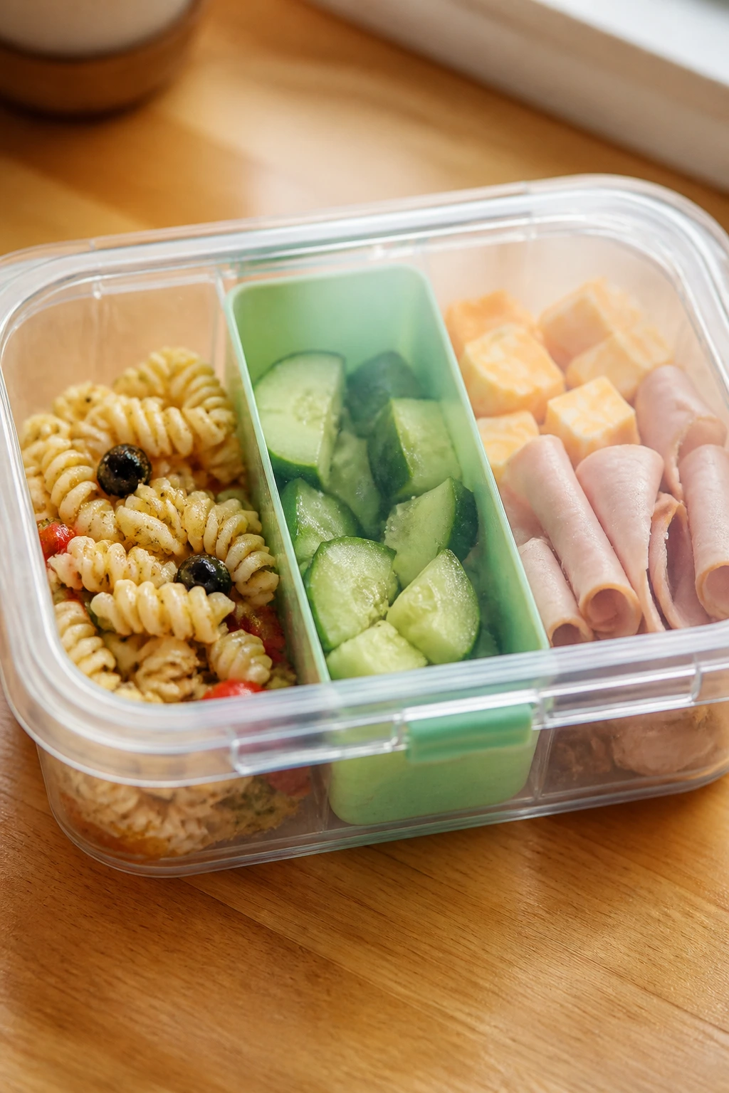 Close-up of a clear compartment lunchbox showing separated ingredients to hold up by noon
