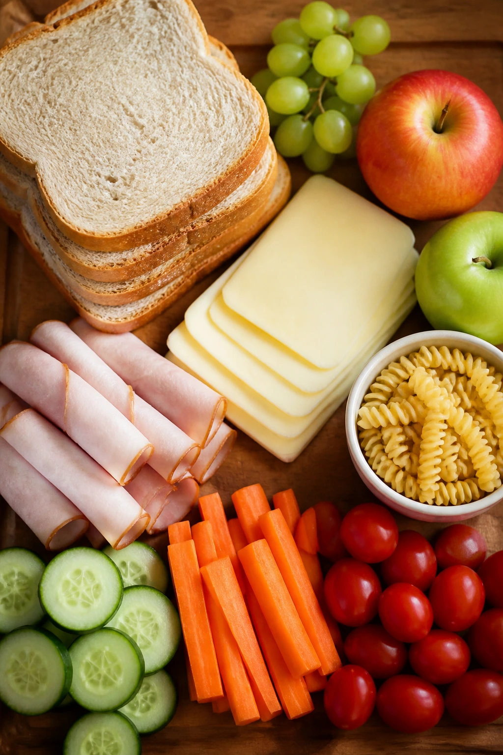 Overhead arrangement of bread, cheese, deli meat, produce, and pasta shapes for smart shopping