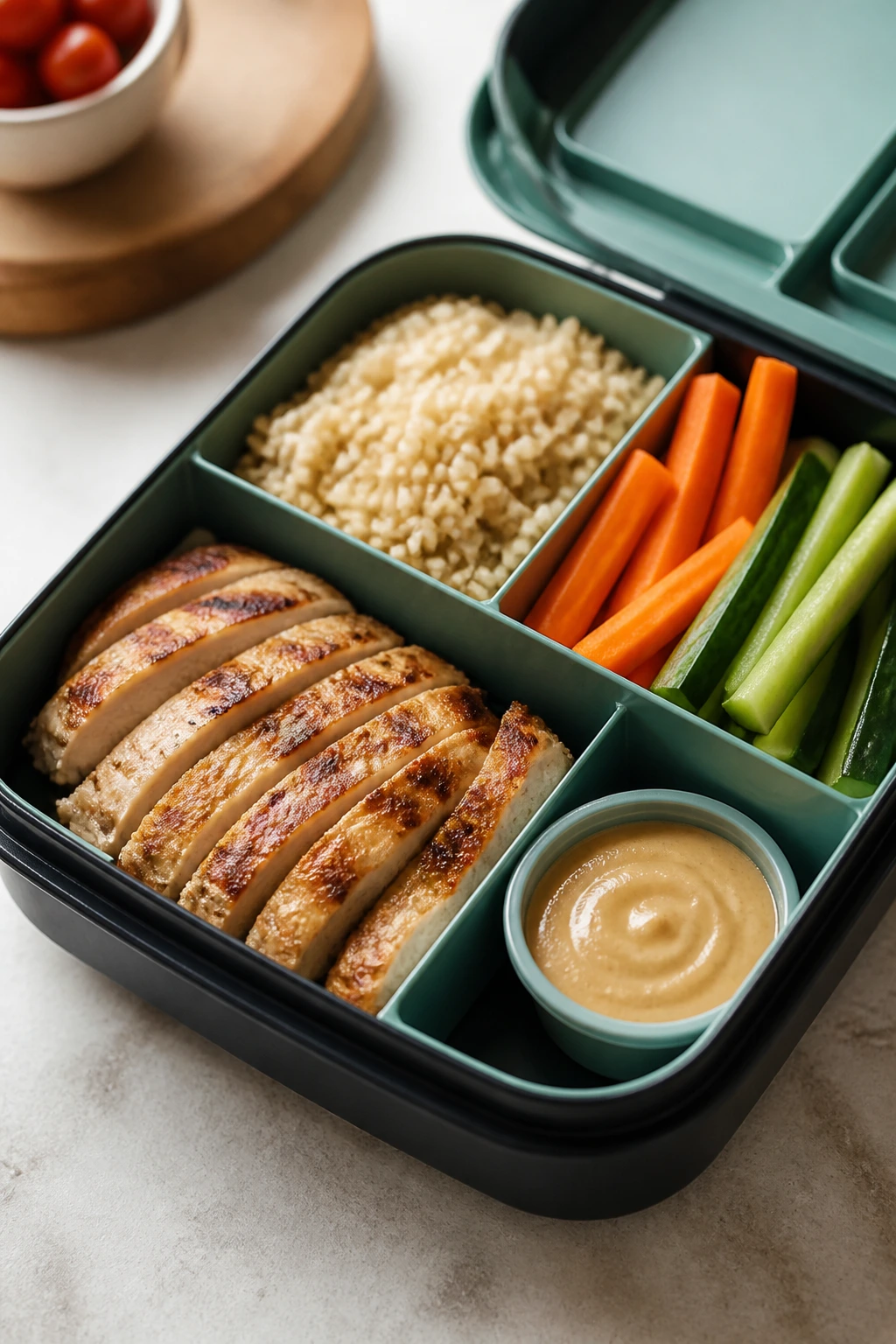Open lunchbox showing protein, grain, vegetable and sauce on a kitchen counter