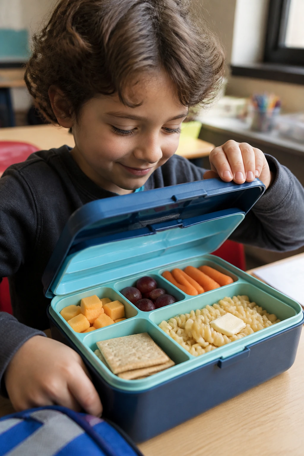 Child with organized lunchbox that stays fresh through the afternoon