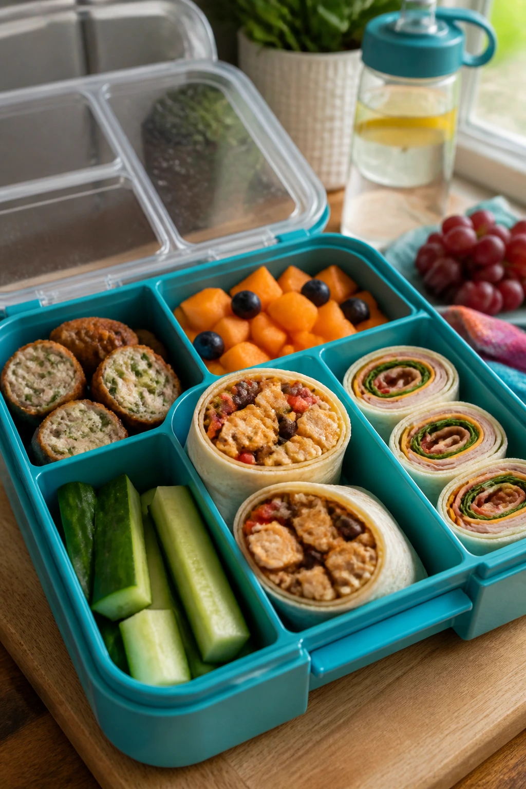 Close-up of a lunchbox with cross-sections of meatballs, burritos, and pinwheels on a kitchen counter