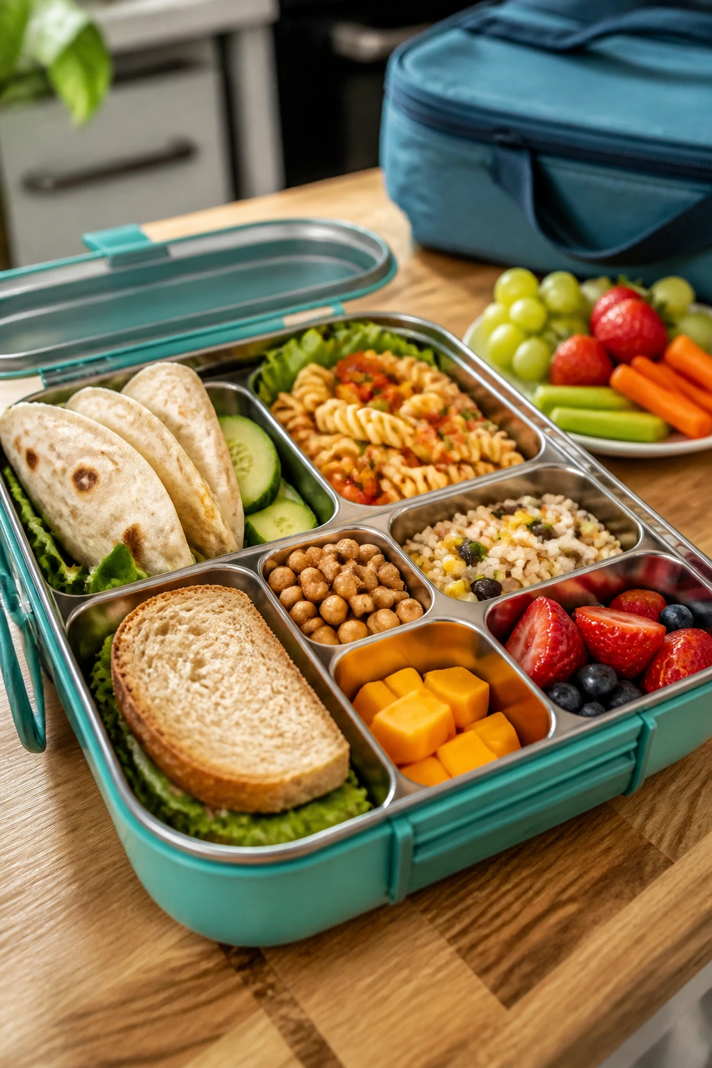 Open lunchbox with colorful kid-friendly meals packed for a lunchbox