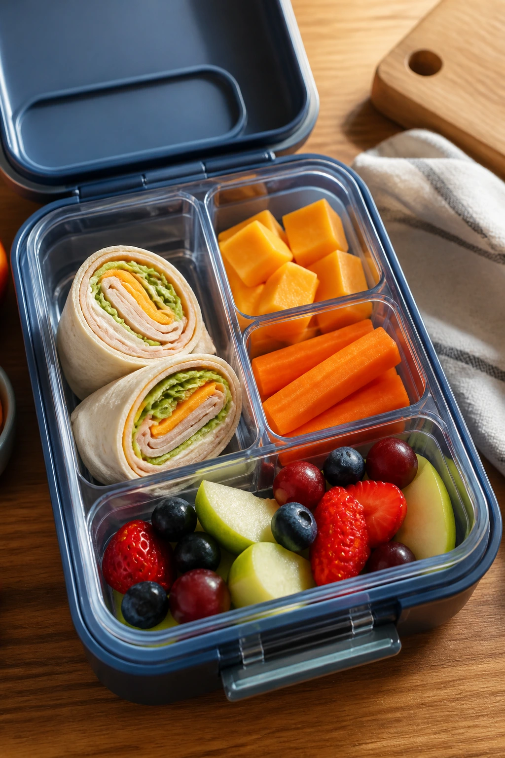 Close-up of an open lunchbox with wrap, cheese, veggies and fruit in a sunny kitchen