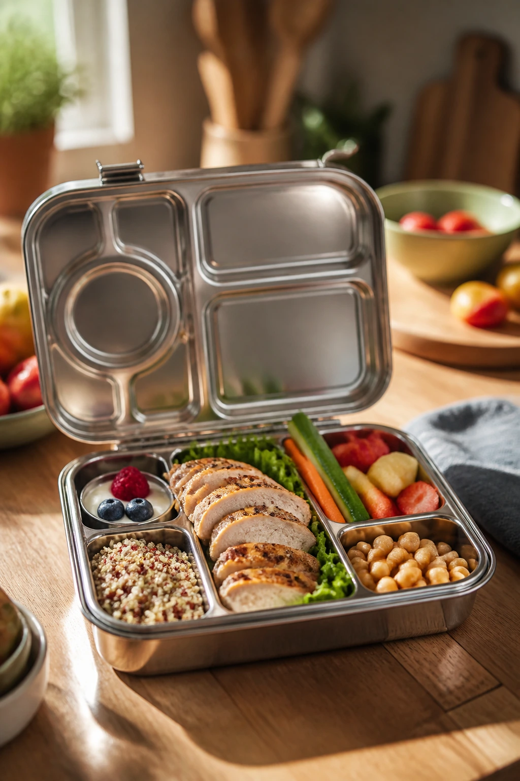 Open lunchbox with protein-forward and fiber-rich compartments for kids.