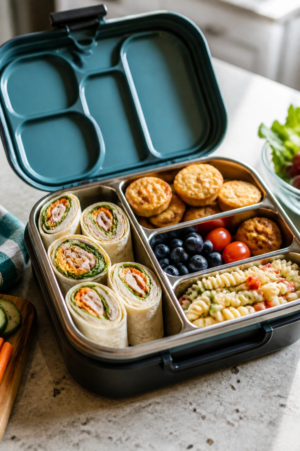 Open lunchbox showing organized compartments with wraps, bites, and pasta.