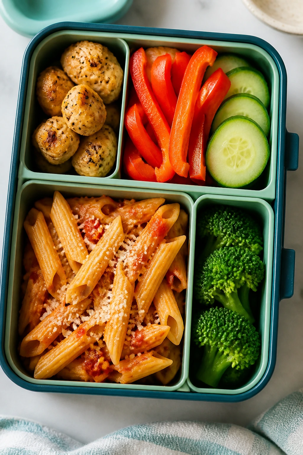Lunchbox with divided compartments packed with pasta, vegetables, and protein
