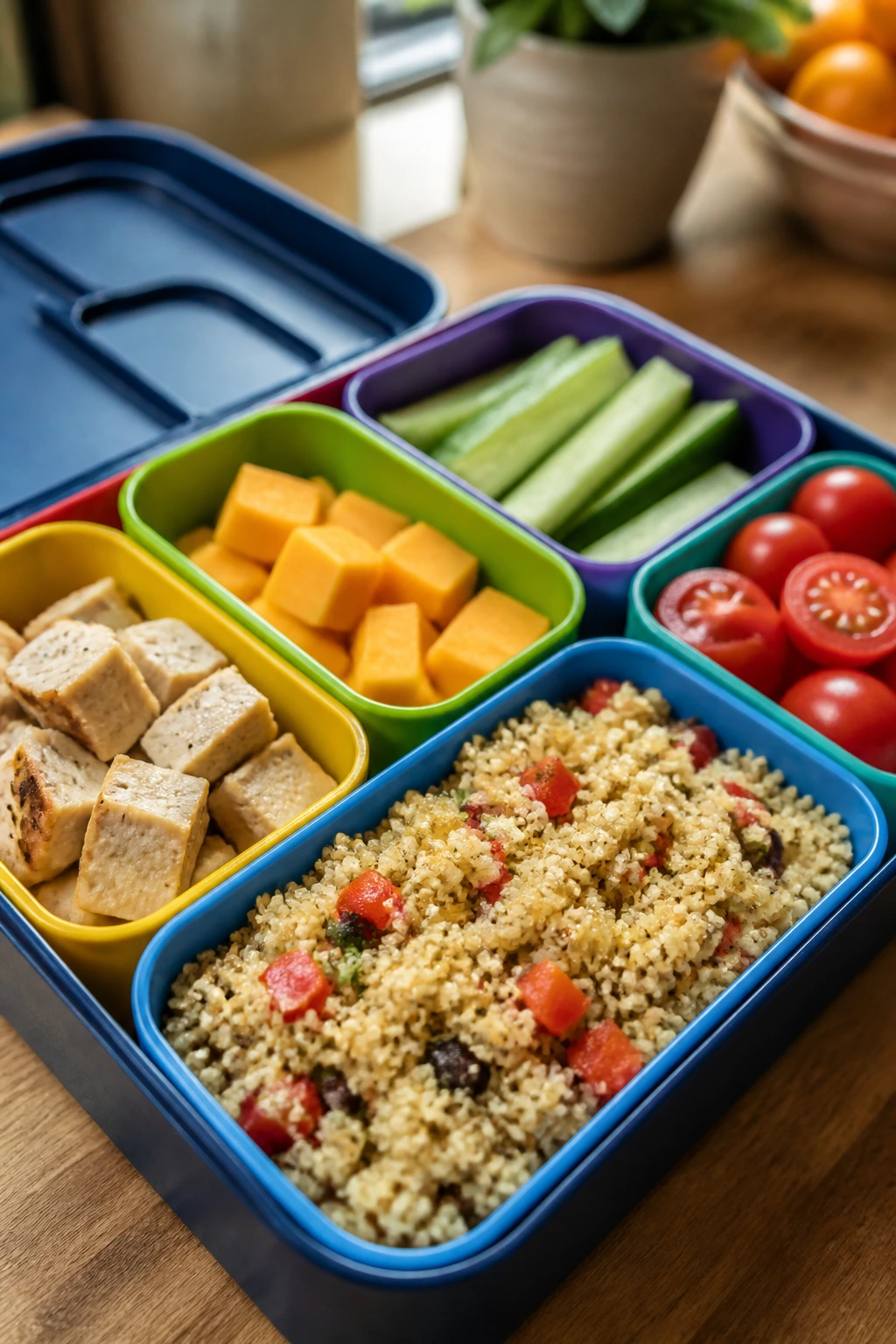 Open lunchbox with colorful compartments of grains, protein and vegetables for kids