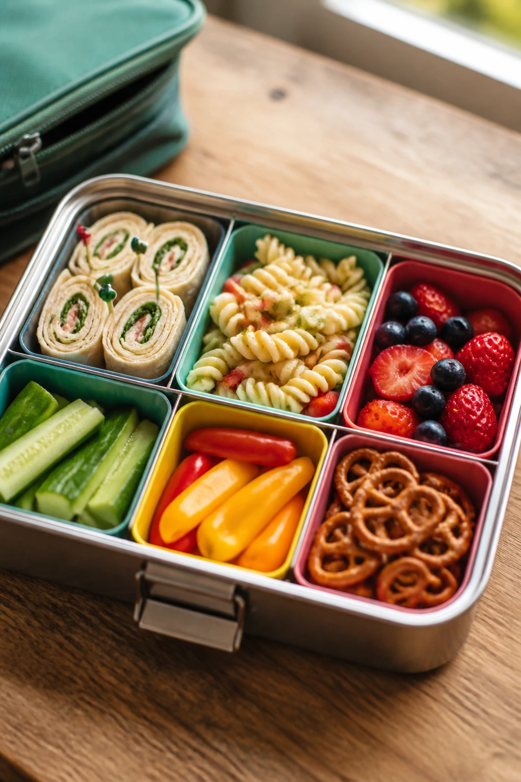 Close-up of a neatly packed lunchbox with separated compartments for kid-friendly textures.
