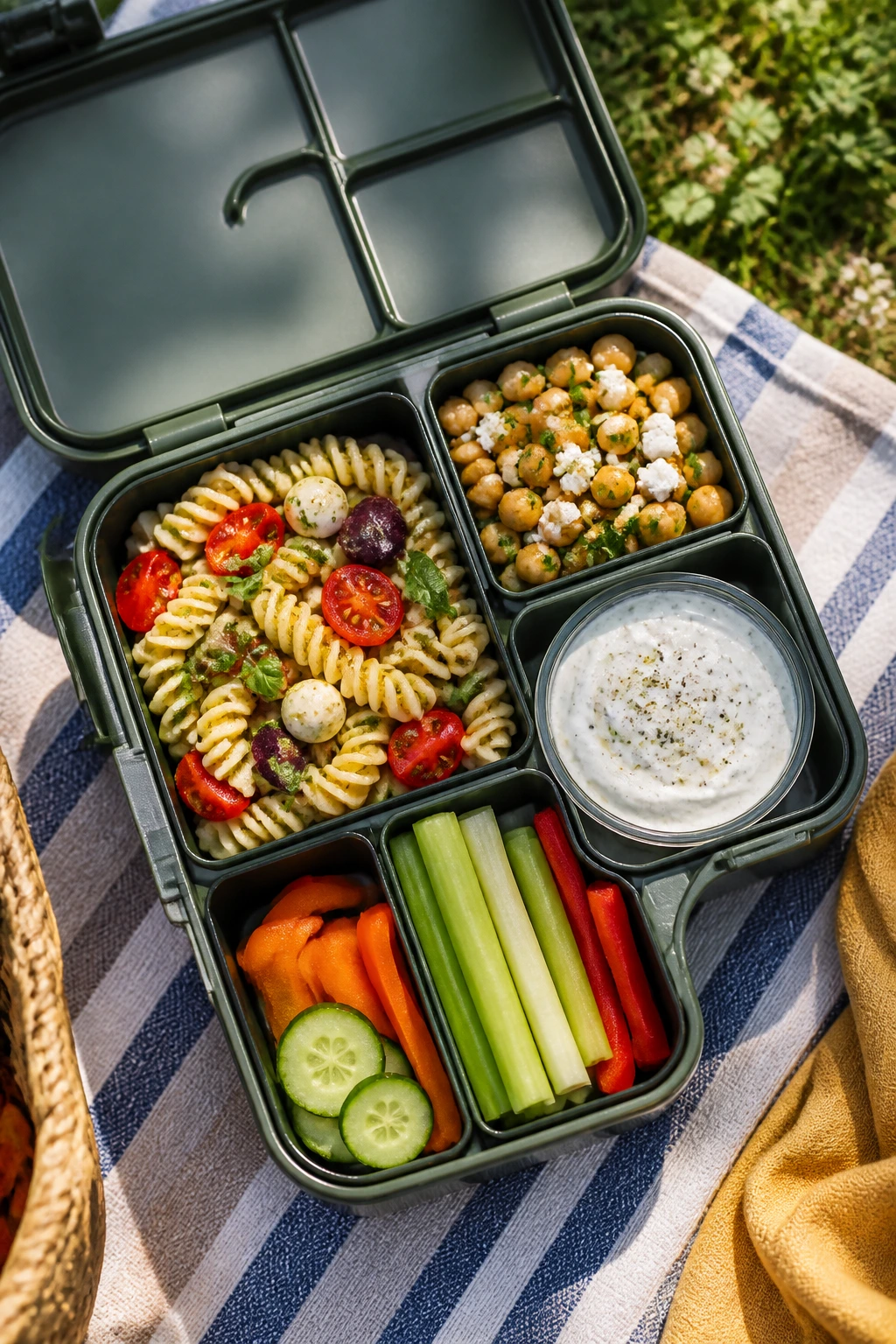 Open lunchbox with compartments filled with picnic-friendly foods