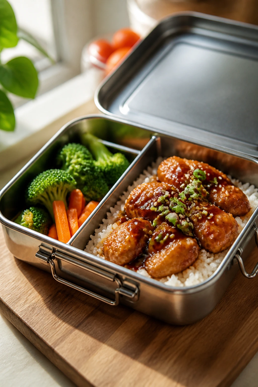 Open divided lunchbox with main dish and crisp side on a kitchen counter